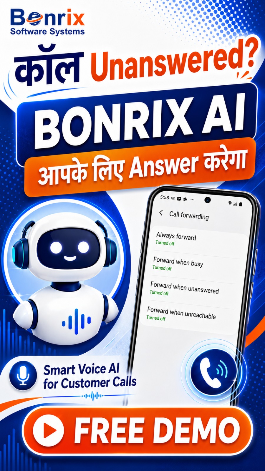 Never miss a lead! Bonrix affordable Voice AI Agent handles missed calls, customer support, ticket handling, and recharge guidance 24/7