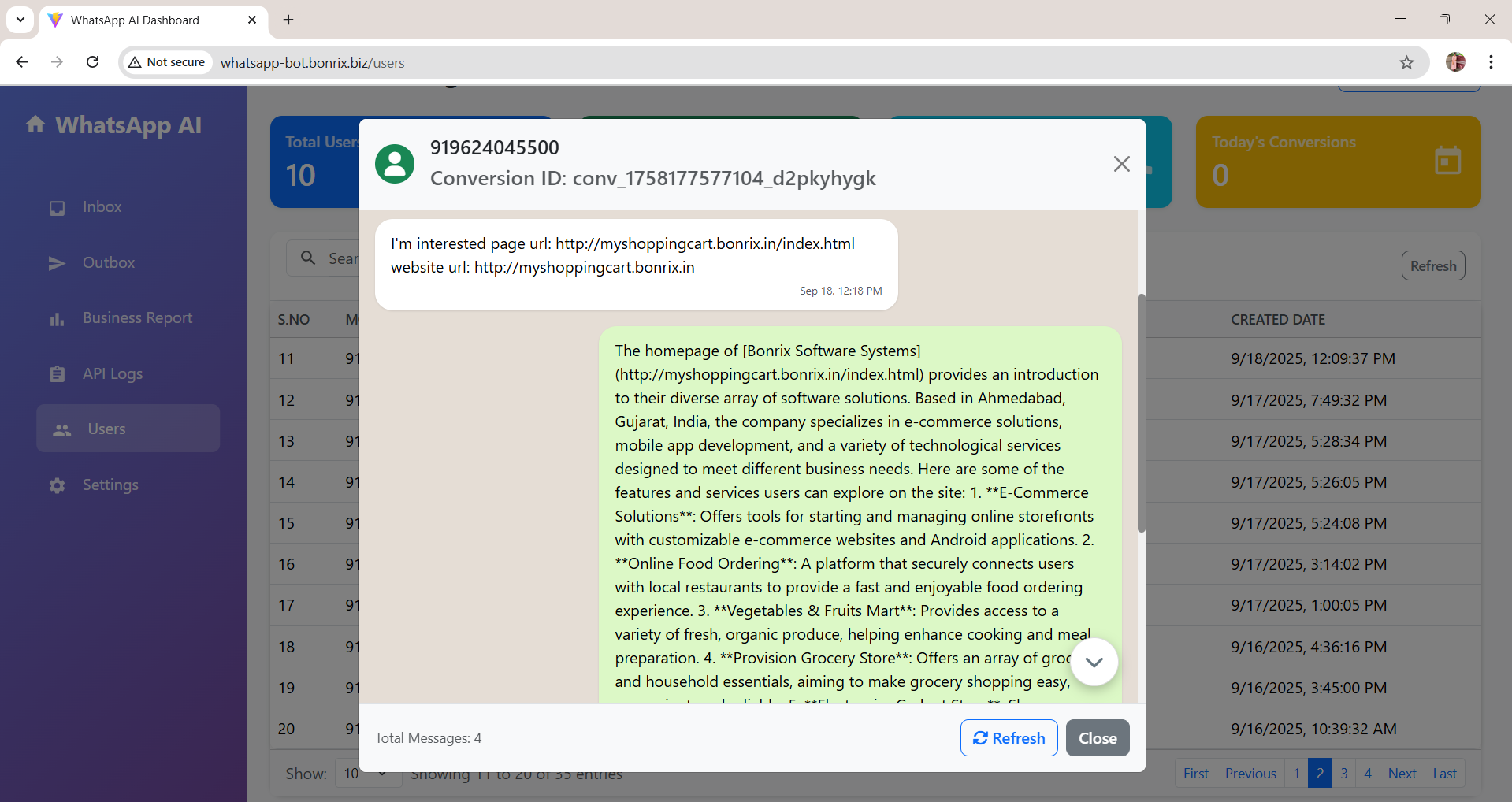 WhatsApp AI dashboard with inbox and outbox features
